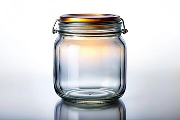 A mystic, empty glass jar with a metal lid, isolated on white; surreal still life, fantasy photography.