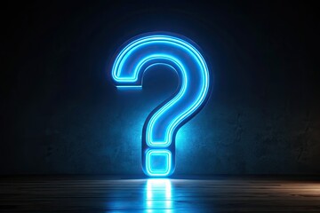 A neon blue question mark, surreal and enigmatic, glows against a black abyss.