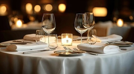 Elegant candlelit restaurant table setting with wine glasses
