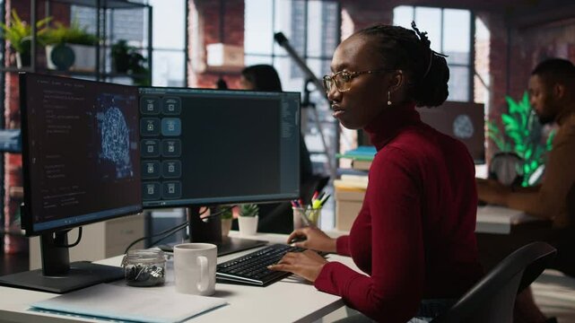 Software engineer solving tasks with AI LLM chatbot answering prompts using predictive technology. Startup staff member using computer to interact with generative large language model app, camera A