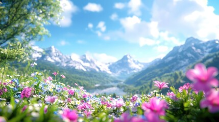 Spring flowers bloom in alpine valley, mountains background, idyllic scene, nature wallpaper