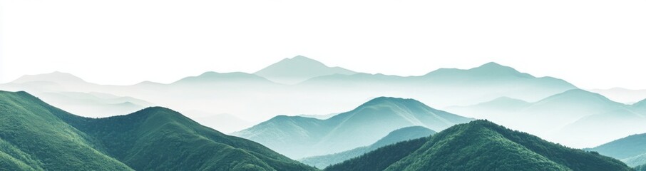 Naklejka premium Misty Mountain Majesty: A serene panorama of majestic mountains veiled in a soft, ethereal mist, evoking tranquility and the allure of the unknown. The mountain peaks pierce the sky.