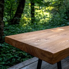 Fototapeta premium A close-up of a wooden table in a lush green forest setting.