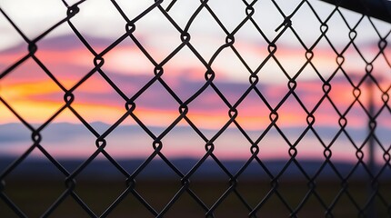 Fototapeta premium Artistic capture of a chain-link fence against a vibrant sunset sky, blending textures and colors to evoke themes of restriction, hope, and the beauty of nature