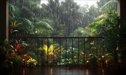 Rainy tropical balcony view; lush plants, rain, relaxation; website banner