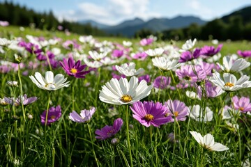 Fototapeta premium A vibrant field of blooming white and purple flowers under a sunny sky with mountains in the background.