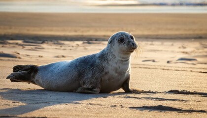 Tranquil Moment A Seal Basking Peacefully on a Sandbar Amidst the Sunlit Coast, Showcasing Natures Captivating Wonders of a Secluded Beach Escape.