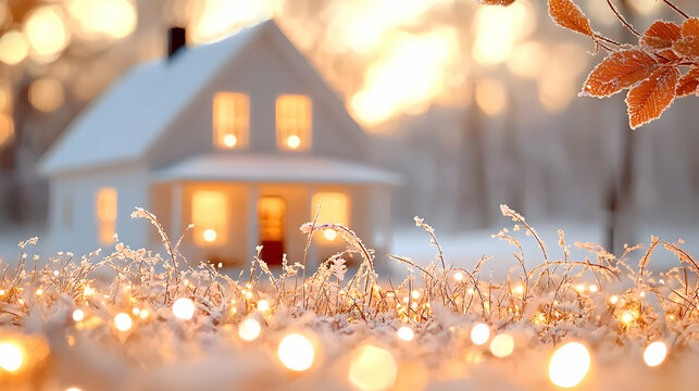 Cozy winter house, warm lights, snowy scene, festive background, ideal for holiday cards