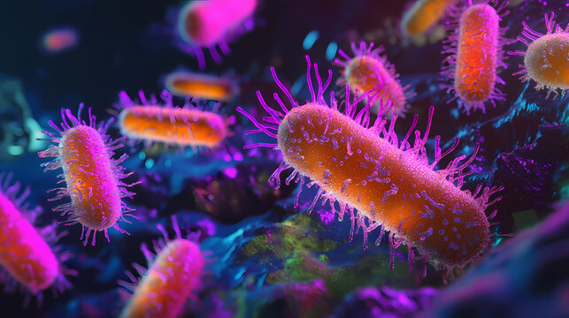 Microscopic view, mutated bacteria, bioluminescent glow, dark futuristic background, scientific visualization. Bioluminescent Lifeforms. Illustration