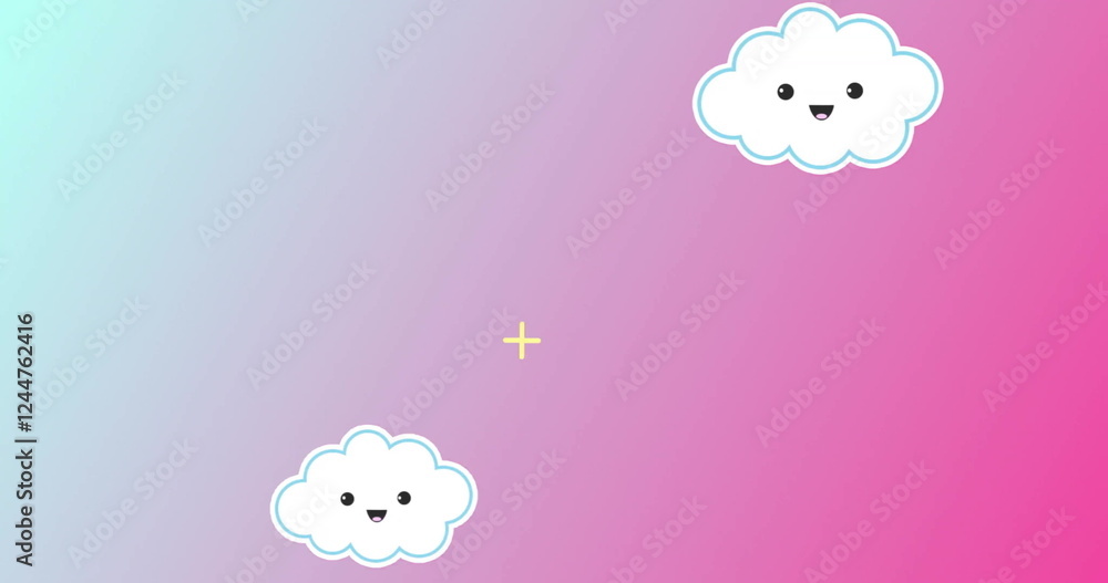 Poster smiling cloud and sparkles image over pastel gradient background