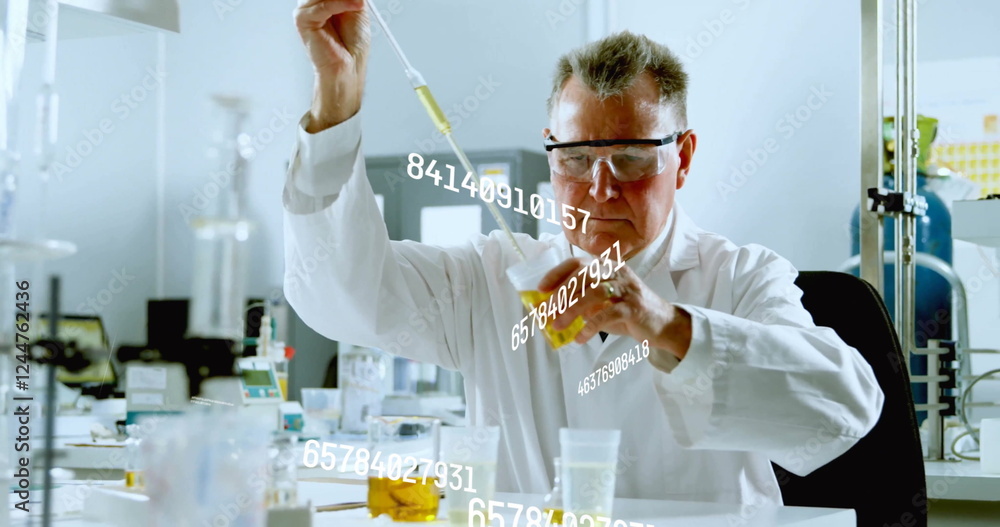 Poster scientist conducting experiment with pipette, data processing image over laboratory scene