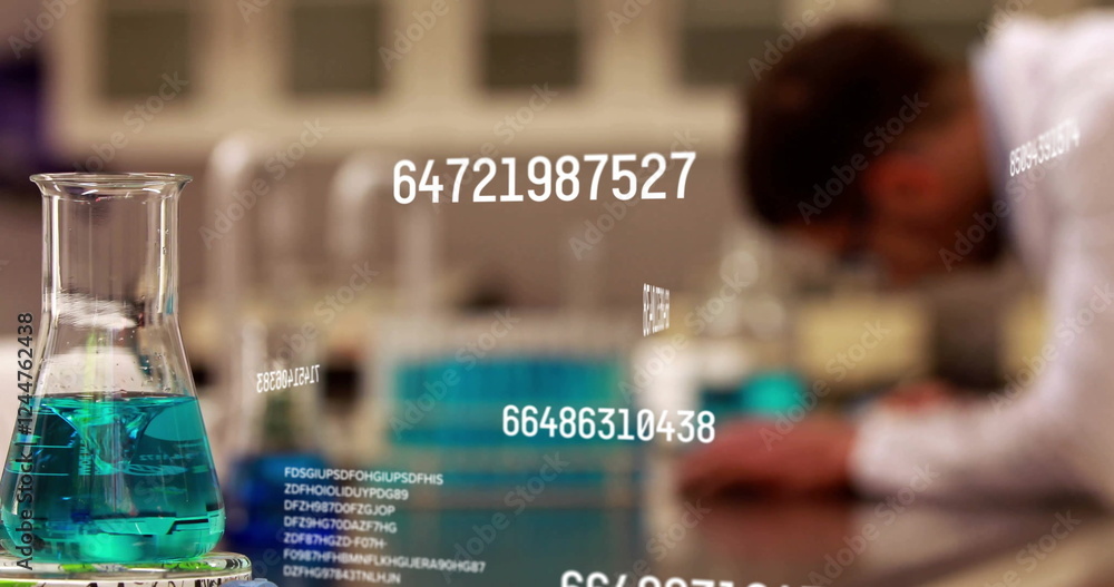 Poster scientific data image over laboratory scene with scientist working