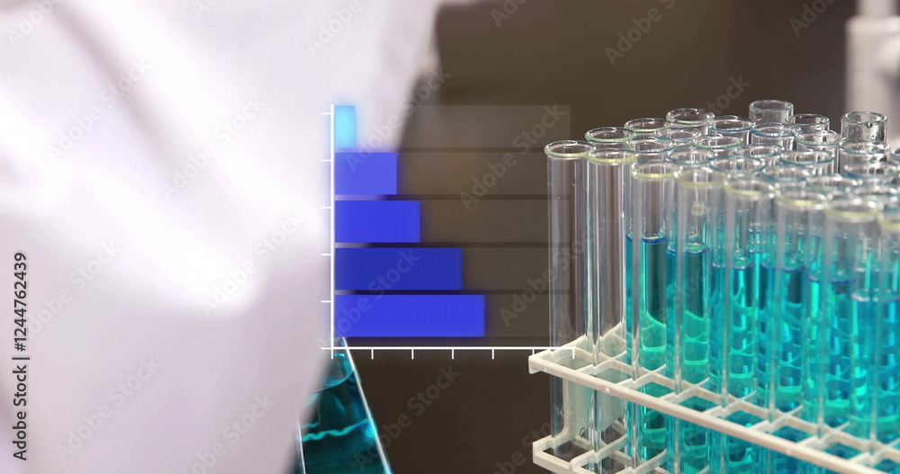 Poster bar chart image over scientist working with test tubes in laboratory