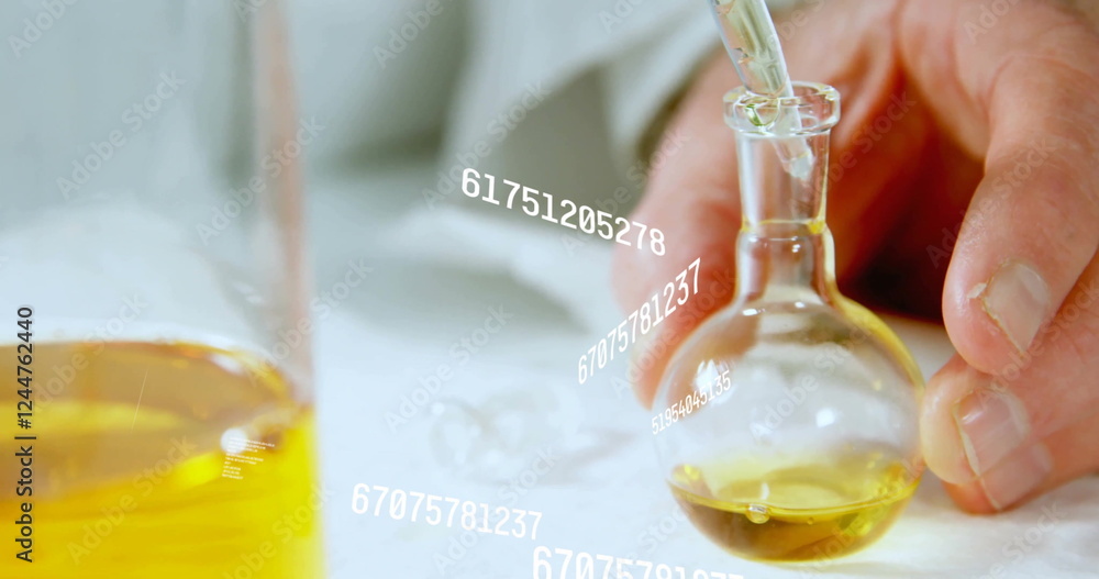 Poster pouring liquid into flask, scientific data image over laboratory experiment