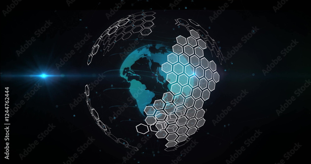 Poster hexagonal grid image forming over rotating globe on dark background