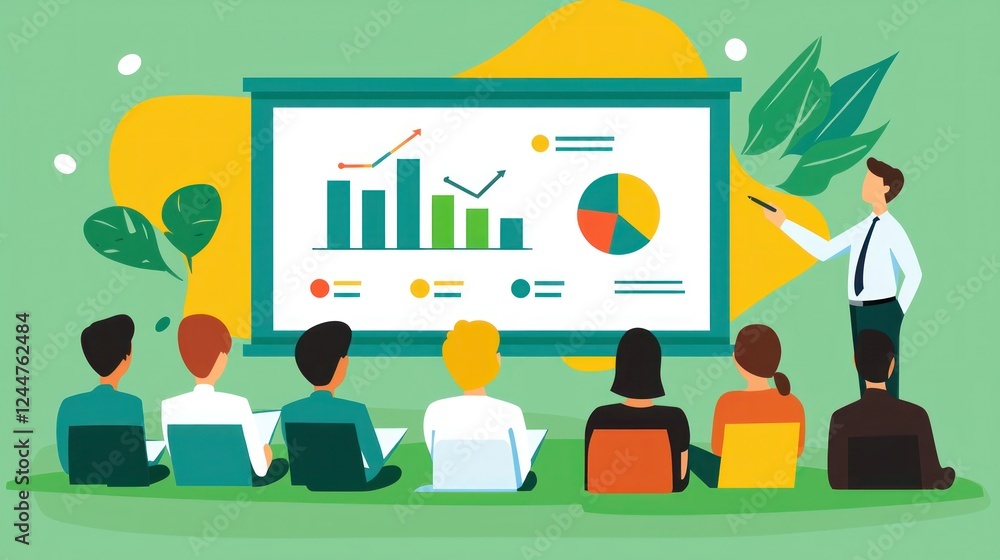 Poster presentation of business analytics with charts and graphs in meeting room