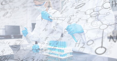 Scientists working with test tubes over chemical formulas image