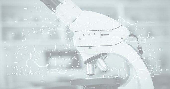 Microscope with chemical formula image overlay in scientific laboratory - Powered by Adobe