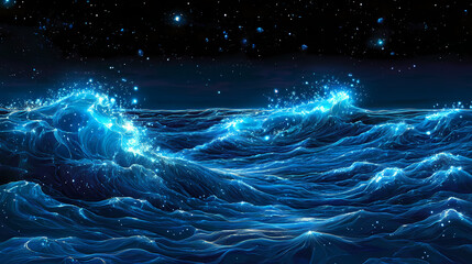 Ultra realistic ocean waves with bioluminescent organisms sparkling. Bioluminescent Lifeforms. Illustration