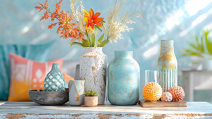 Coastal home decor, vases, flowers, sunlight