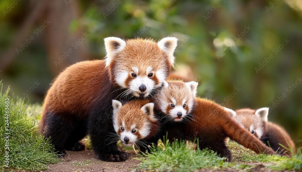 Aufkleber adorable red pandas frolicking in lush forest environment playful baby red pandas basking in natural