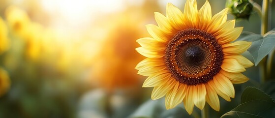 Fototapeta premium Vibrant sunflower in a blooming field at sunset