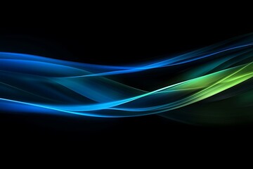 Naklejka premium Flowing dynamic light lines in blue and green colors on a black background, representing AI and 5G communication