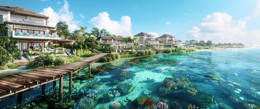 Tranquil coastal resort town master plan. Elegant villas boast ocean views. Wooden boardwalks lead to clear waters showcasing a vibrant coral reef.  A serene escape.