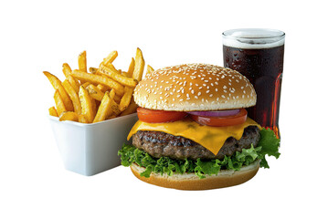 Classic American Cheeseburger with French Fries and Cola Drink Fast Food Meal Combo Isolated on Transparent and White Background