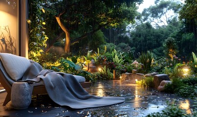 Tranquil rain-soaked patio garden at twilight, relaxing chaise lounge, lush foliage background; ideal for relaxation or spa imagery