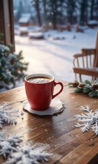 Snowy table with a cup of coffee and snowflakes, cup of coffee, seasonal object