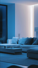 A modern living room illuminated with a cold bluishwhite light 50006000K The space feels sterile and uninviting with sharp contrasts and a clinical atmosphere The f