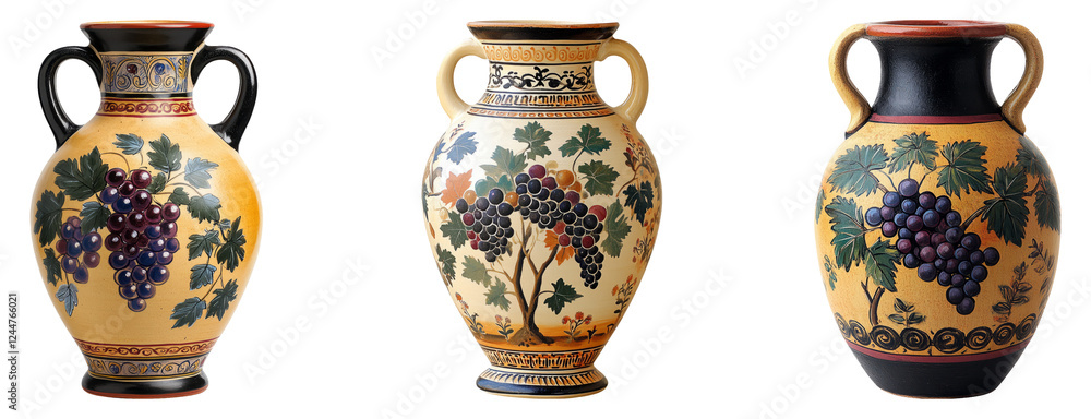 Wall mural Three decorative vases featuring grape designs on a transparent background