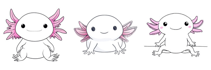 axolotl illustration and Clipart concept. Cute cartoon characters with pink wings on a white background. on Transparent background.