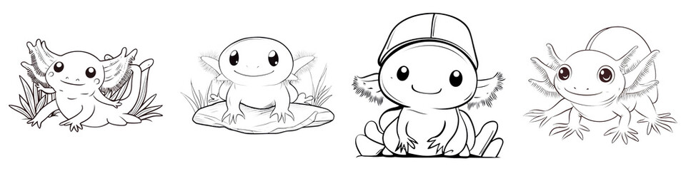 Fototapeta premium axolotl illustration and Clipart concept. Illustration of four stylized skulls with different designs and details. on Transparent background.