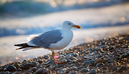 Fototapeta premium Majestic Sea Gull Perched on Rocky Beach Shoreline at Twilight, Capturing the Serene Peacefulness of a Coastal Evening
