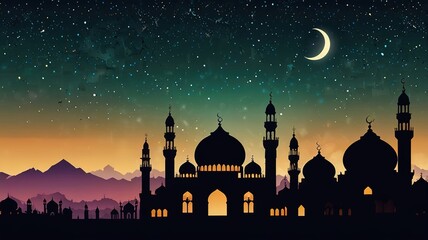 Religious background ramadan kareem with mosque silhouettes