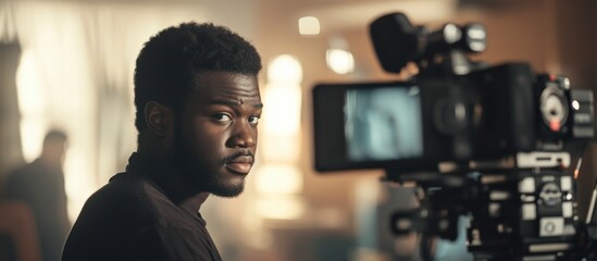Focused Black Actor Rehearsing on Set with Camera, Dramatic Lighting