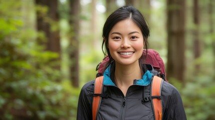 Smiling Woman in Forest with Backpack