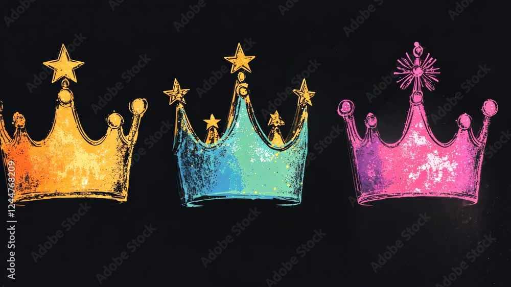 Poster colorful rotating crowns animation: vibrant transition and motion