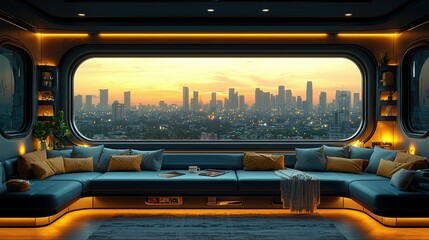 Fototapeta premium Futuristic Cityscape Viewed From Modern Sectional Sofa