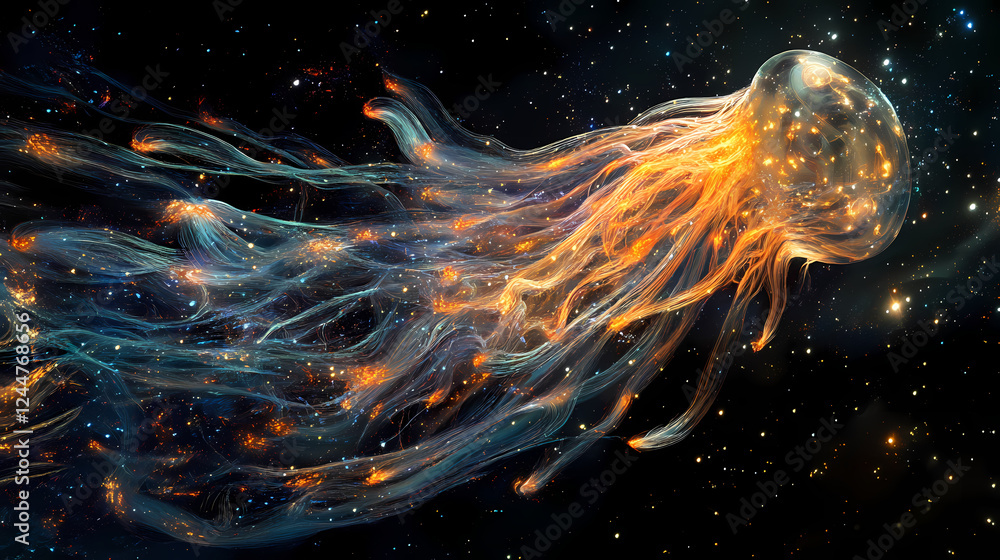 Wall mural bioluminescent tendrils extending from the being connecting with distant stars creating a web of ene