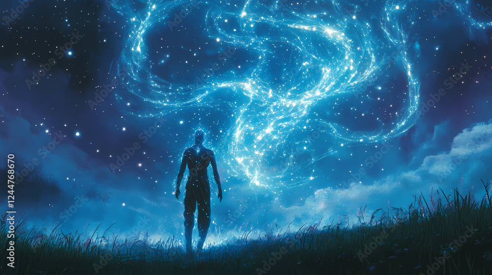 Wall mural bioluminescent tendrils extending from the being connecting with distant stars creating a web of ene