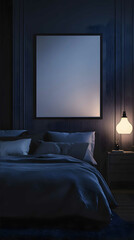 blank poster mockup in a very dark bedroom at night