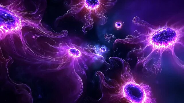 Colorful cosmic entities in a vibrant, dark space background swirling and radiating light