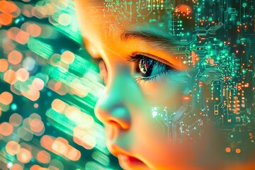 Futuristic circuit board design with vibrant orange, green, and blue tones in a bokeh effect