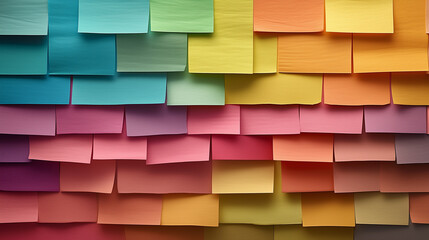 Colorful wall of sticky notes for creative office organization, deadline and brainstorming ideas.
