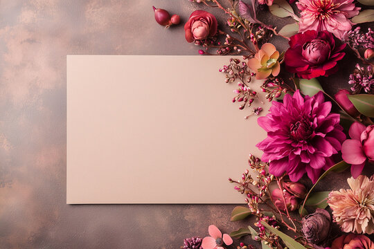 Blank card with floral border with pink and red flowers on rustic background. Template for greeting card or invitation