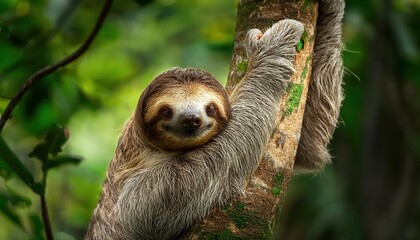 Fototapeta premium Peaceful Sloth in its Rainforest Home A Glimpse of Wildlife Harmony amidst the Verdant Canopy at Dusk, showcasing the Enchanting Beauty and Tranquility of a Tropical Sanctuary.