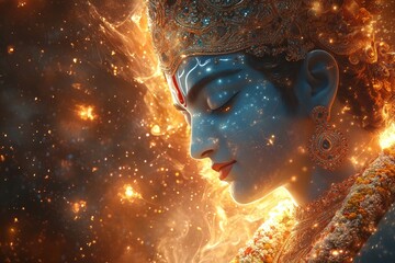 Serene deity, cosmic fire background, spiritual art, faith